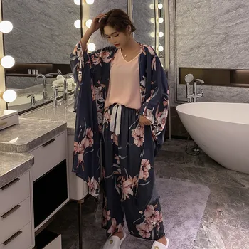 

Big Leaf Printing Shorts Pajamas Set with Robe for Female Home Suit Comfortable Cotton Robe Four-piece Female Pajamas Sleepwear