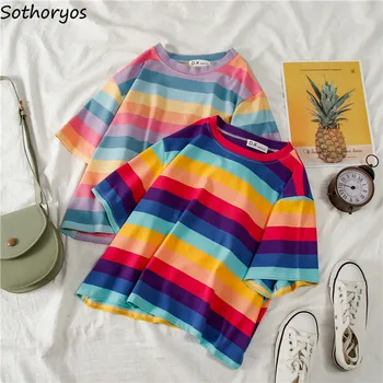 

T-shirts Women Summer 2020 New Korean Style Loose Simple Daily All-match Leisure Womens Striped O-Neck Short Sleeve Female Cute