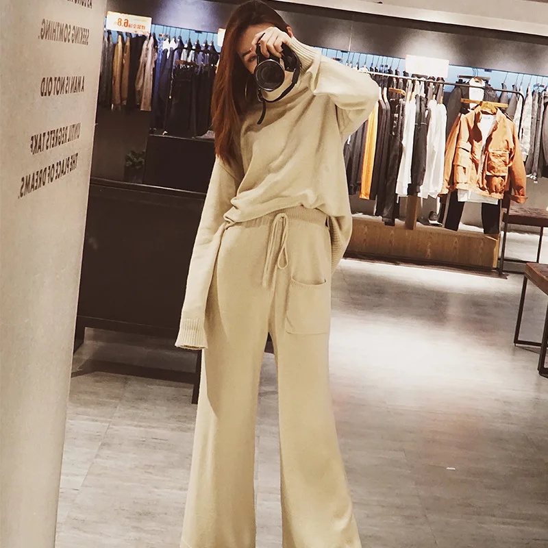 

High-End Profile High Collar Cashmere Sweater Knit Loose Pants Women's Cashmere Wool Set Loose-Fit Laziness Thick Sweater Two-Pi