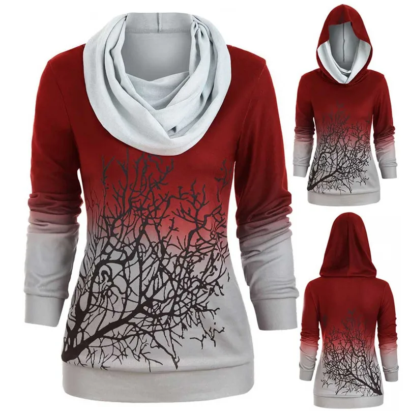 Halloween Tree Print Long Hoodies Women Convertible Collar Sweatshirt Ladies Long Sleeve Hoody Oversize Sudadera Mujer 40SEP1818