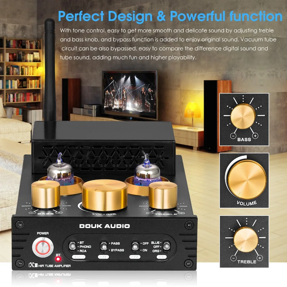 Douk Audio X1 HiFi GE5654 Vacuum Tube Amplifier Bluetooth 5.0 Receiver MM Phono Amp for Home Turntables Power Amp APTX-HD 160W*2