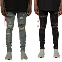 ICCLEK pantalones vaqueros rasgados para hombre, Jeans elásticos de pies pequeños, a la moda, de pierna recta, Punk, de gran tamaño, novedad de otoño
