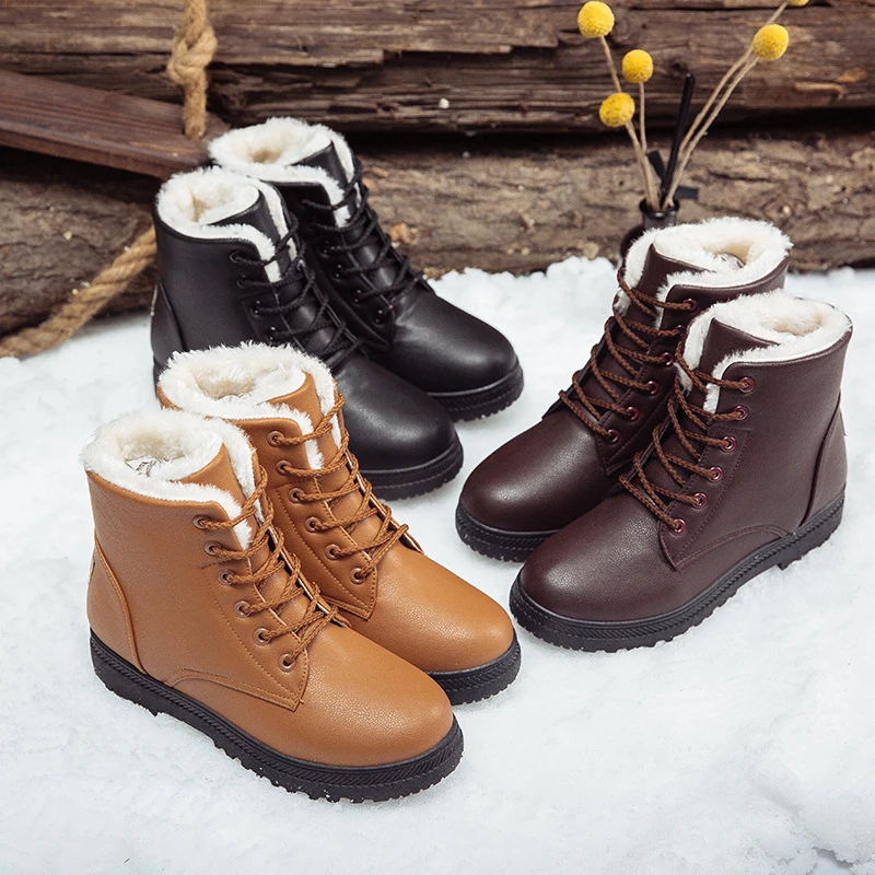 

Winter Snow Boots Women Warm Shoes Botas Mujer Invierno Round Toe Ankle Boots Girl PU flat Short Boots Plush Martin Boots Female