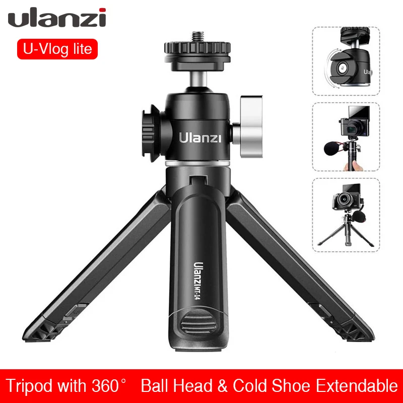 Ulanzi u-vlog lite mini tripé com 360 graus bola cabeça sapato frio extensível selfie vara para câmera iphone android monopé dslr