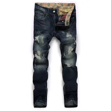 Gersri Мужские Винтажные высококачественные темно-синие джинсовые брюки, модные мужские хлопковые джинсы с дырками, дизайнерские прямые джинсы