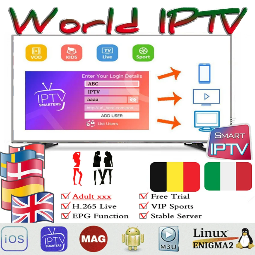 Premium IPTV inteligente pro M3U XXX para Samsung Smart Android Tv M3U XXX múltiples dispositivos MAG STB servicio del teléfono de la PC de VLC IOS libre Tes