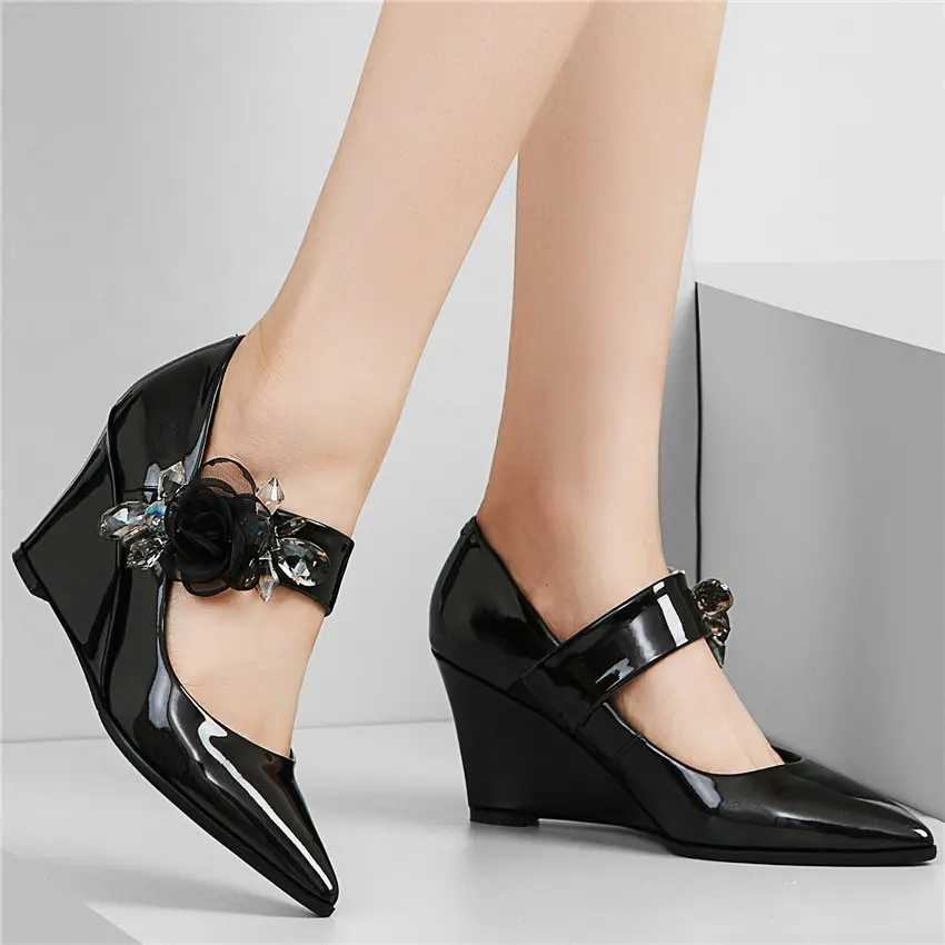Womens Genuine Leather Wedges High Heel Evening Party Pumps Slip On Pointed Toe Oxfords Low Top Wedding Mary Janes Casual Shoes