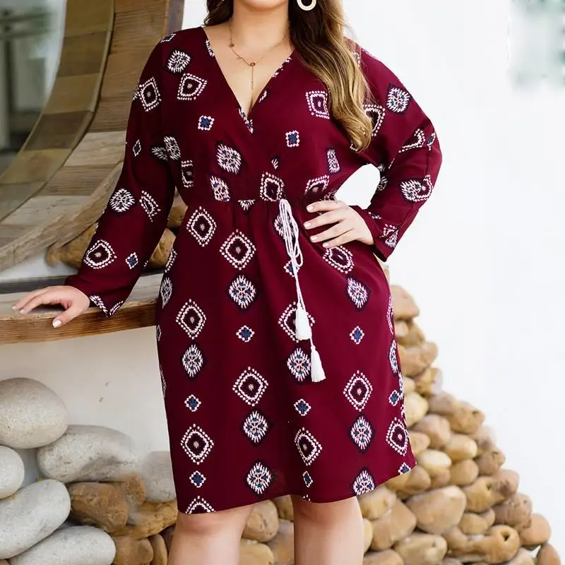 Mooie Fall Vrouwen Slim Taille Lace Up Plus Size Jurken Lange Mouwen Midi Jurk Herfst Sexy Diepe V-hals Vintage print Jurk Mooie Fall Vrouwen Slim Taille Lace Up Plus Size Jurken Lange Mouwen Midi Jurk Herfst Sexy Diepe V-hals Vintage print Jurk
