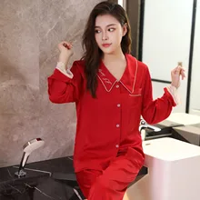 Women Full Sleeve Pant Homewear Spring Autumn 2PCS Pajamas Set Faux Silk Sleepwear Sweet Lace Home Clothes Casual Nightwear