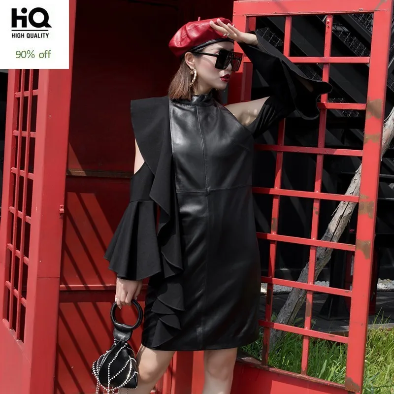 

Luxury Real Leather Patchwork Dress Women Slim Sexy Off Shoulder Sheepskin Midi Dress Runway Flare Sleeve Black Vestidos M-3XL