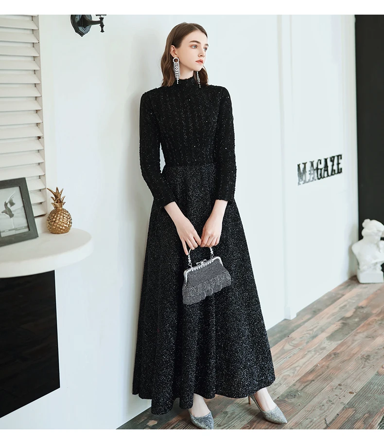 rose gold prom dress wei yin AE0330 Long Sleeves Black High Neck Prom Dresses 2022 A-line Evening Party Gowns Custom Made Plus Size Sexy Prom Gown black prom dress