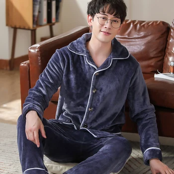

2020 Men's Pajamas Set Autumn Winter Coral Fleece WarmThicken Flannel Warm Pajamas Men's Long Sleeve Nightwear Top Pant Flannel