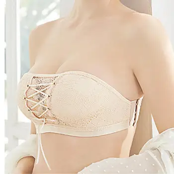 

Women Sexy Solid Color Lace Padded Wireless Front String Tube Top Bra Brassiere Lace Front String Padded Push Up Bra