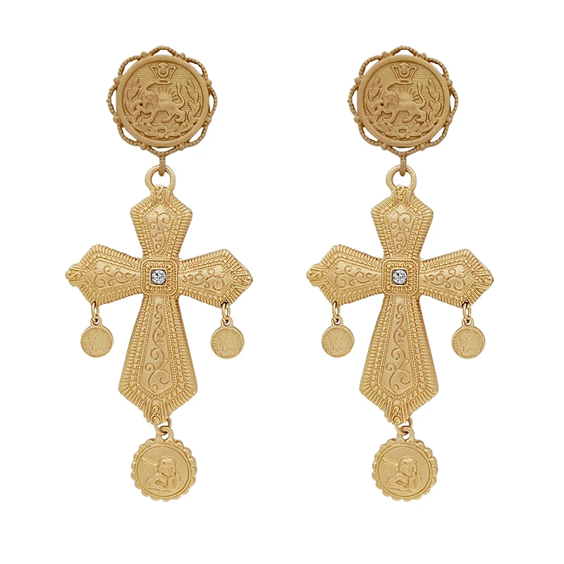 Gold Color Long Drop Big Cross Earring Vintage Pendant Dangle Earrings