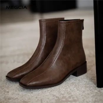 

Retro low heel boots women square toe ankle boots split leather vintage ladies short boot black brown autumn winter shoes new A1