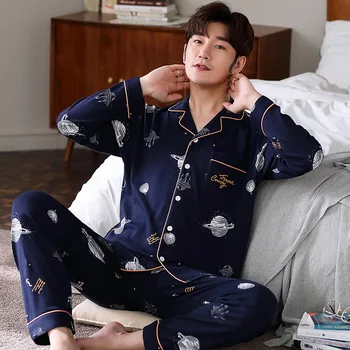 

Pajamas men's spring and autumn pure cotton men's plus size long sleeve men's cardigan suit home clothes autumn thin Autumn