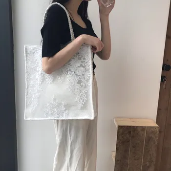 

New Fashion Large Capacity Lace Canvas Handbags Women Ladies Mesh Solid Casual Totes Girls Korean Style Hollow Out Shopping Bags