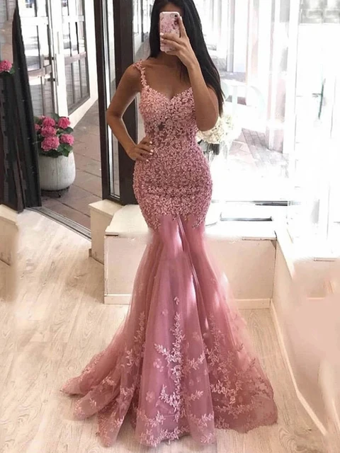 Smileven Pink Mermaid Formal Evening Dress Sleeveless Sexy V Neck Long Prom Party Gowns Custom Made Evening Party Gowns Pink