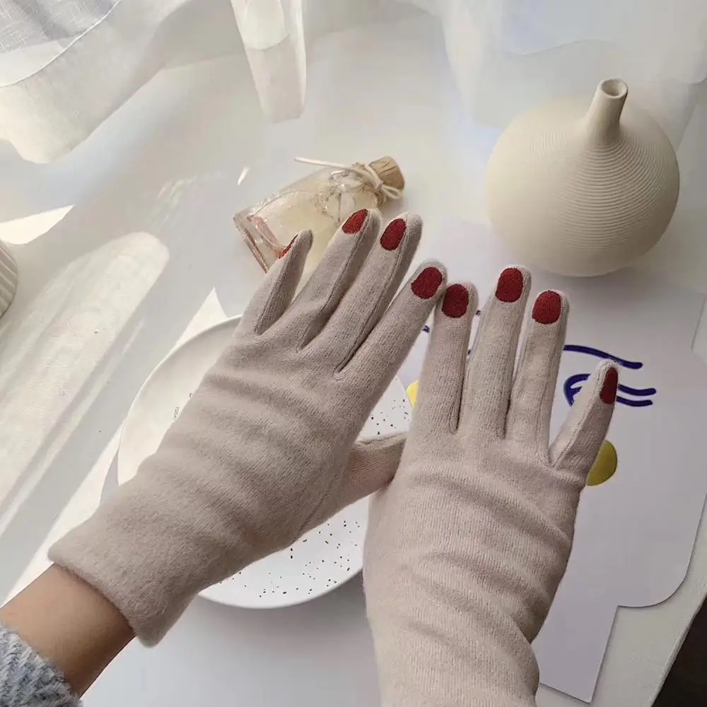 Японские зимние перчатки с вышивкой для ногтей уникальные перчатки для девочек плюшевые толстые шерстяные варежки женские перчатки для сенсорного экрана