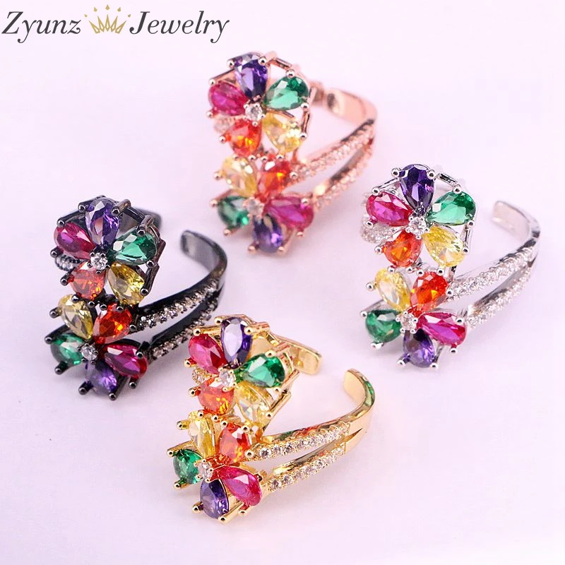 5PCS, Fashion Women Rainbow Multicolor Cubic Zirconia CZ Double Flowers Ring