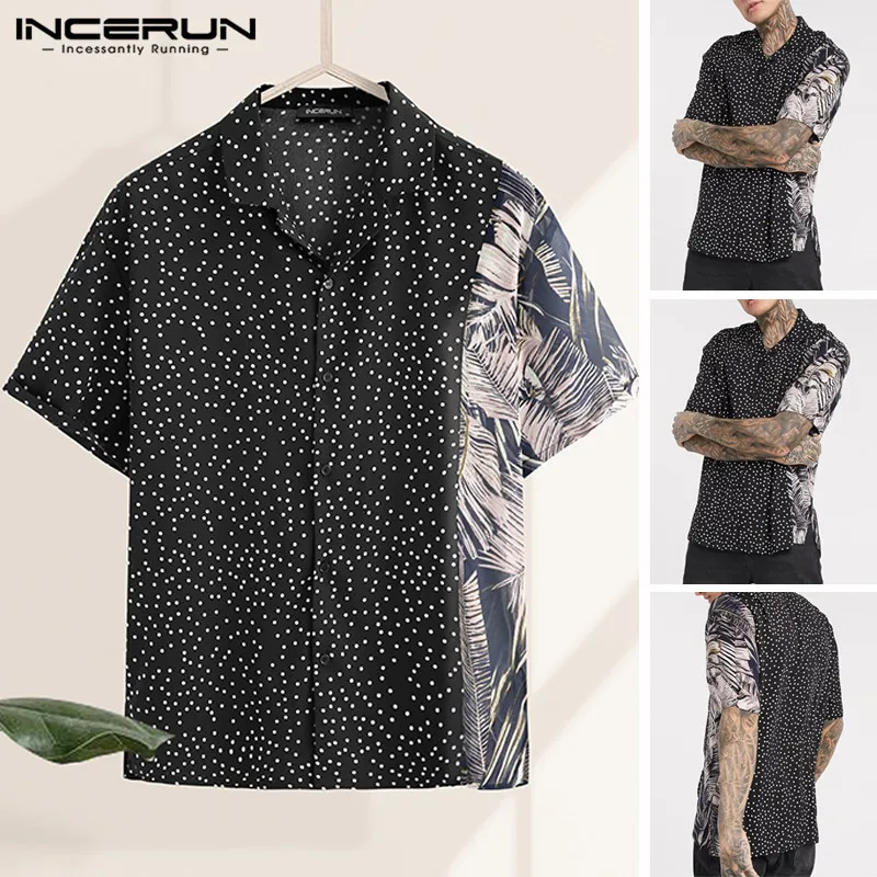 

INCERUN Men Floral Shirts Man Short Sleeve Lapel Shirt Casual Dot Patchwork Blouse Summer Vocation Hawaiian Beach Tops Camisa
