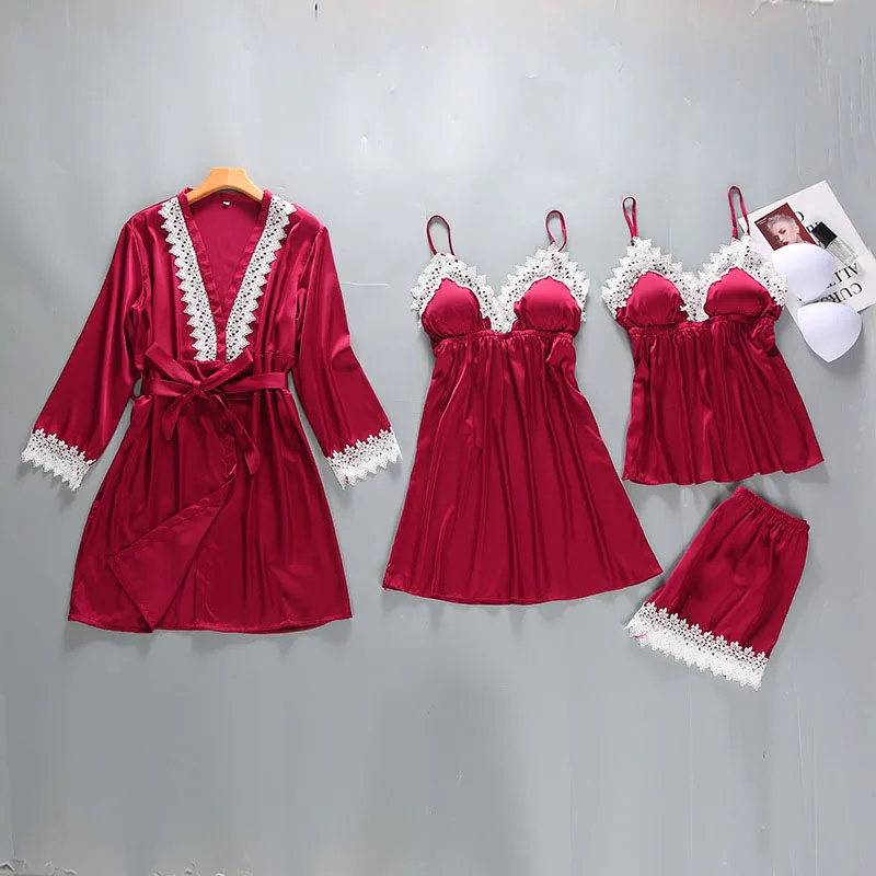 4 шт./компл. Для женщин элегантный кружевной халат комплект весенне-летняя кофта, одежда для сна, с помощью Шелкового трафарета, как удобная Ночная Рубашка домашняя одежда Удобная Пижама