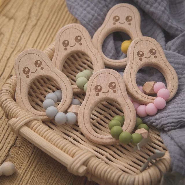 1pc Baby Teether Wooden Avocado Beads Nursing Bracelet BPA Free Silicone Crib Rattle Teething Beads Baby Rattles Nurse Gifts Toy 1