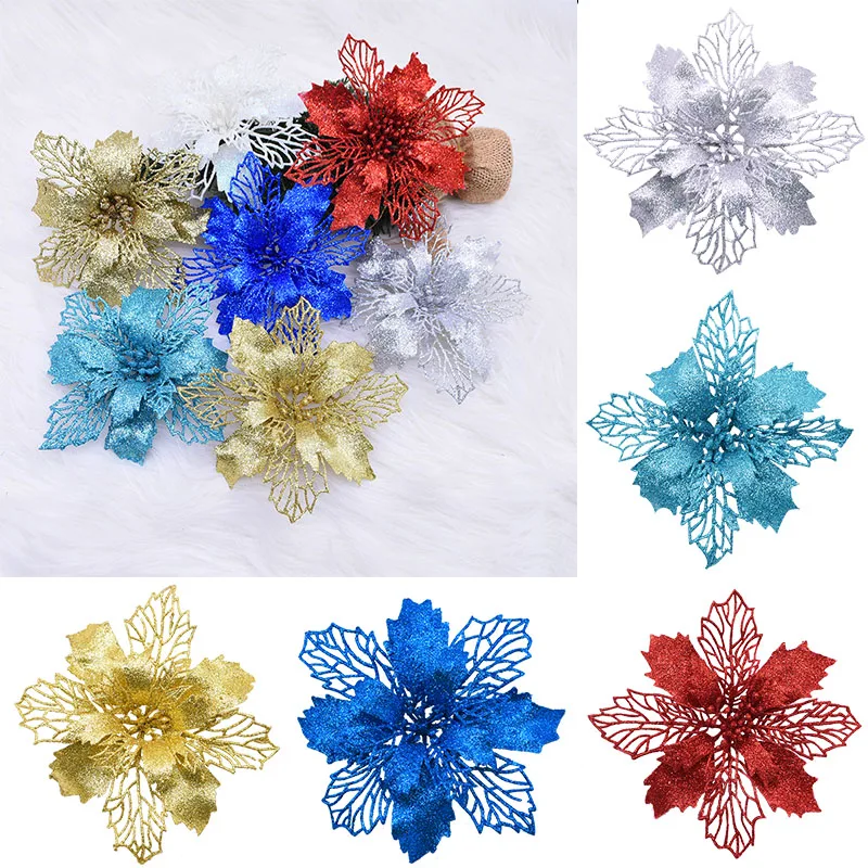 5pcs Gold Silver Red White Artificial Hollow Flowers DIY Wedding Decoration Christmas Tree Ornaments Home Decor Fake Flower Head