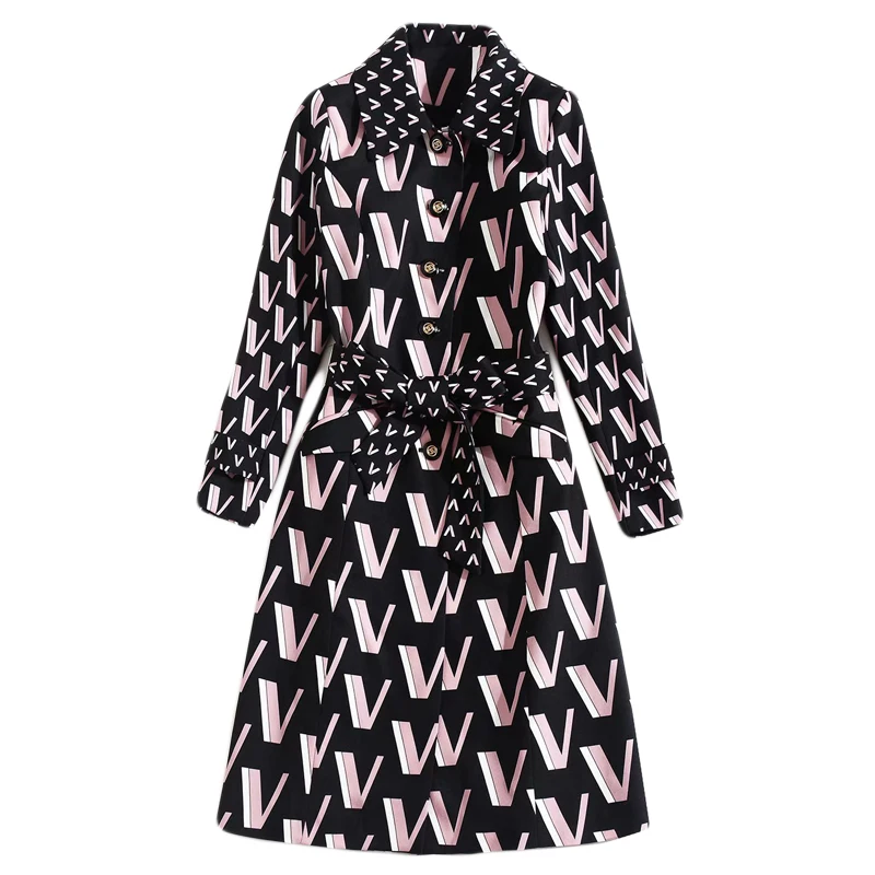 Windbreaker High Quality Autumn Winter New Women'S Fashion Party Office Vintage Elegant Letter Print Long Sleeve Midi Jacket