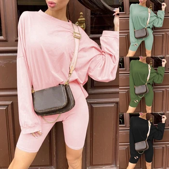 

Women's O-neck loose long-sleeved top summer mosquito long-sleeved sweater and motorcycle shorts two-piece suit with belt