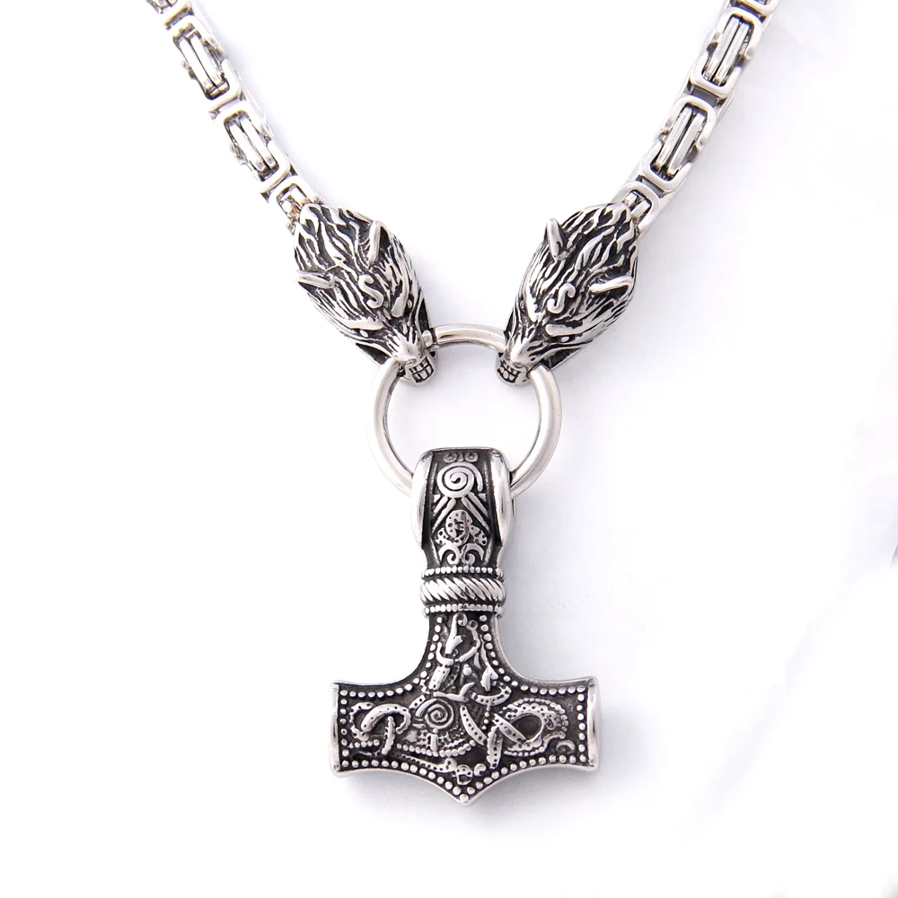 

New Arrival Stainless steel making Never fade Viking wolf necklace with thor hammer pendant as christmas gift