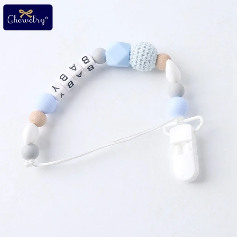 Blue 1 шт. Детская Соска с зажимом, силиконовый Прорезыватель для грызунов, пустышка с зажимом, силиконовая бисерная цепь, жевательная цепочка, заказное имя, вязаная бусина для детского продукта - Цвет: Blue
