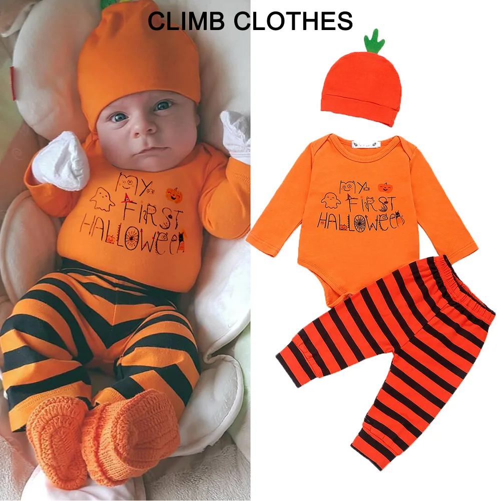 

Climb Baby Clothes Faddish Lovely Print Long Sleeve Halloween Costume Cheap Body Suit Children Climb Clothes Three-piece Set