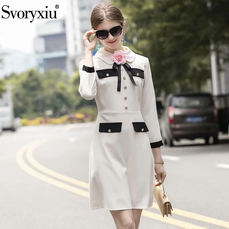 

Svoryxiu Fashion Designer Autumn Party Dress Women's Elegant Flower Bow Peter Pan Collar Long Sleeve Knee-Length Dress Vestdios