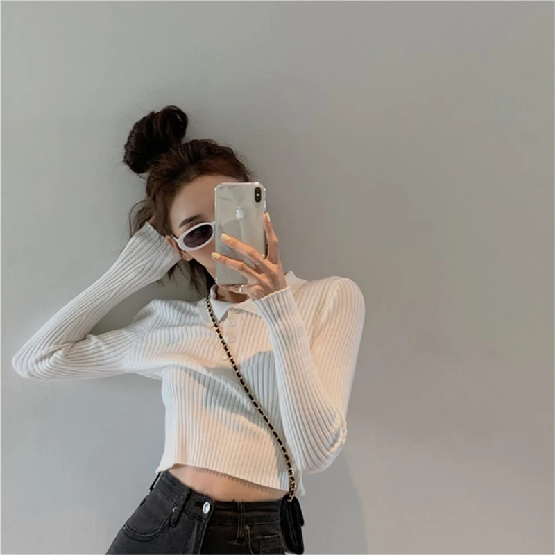 XIBUSANA 2020 Autumn Turn-down Collar Single Breasted Solid Slim Sweaters Women Pit Article Knitted Casual Pullovers Tops Female