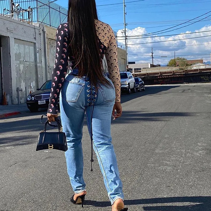 

Lace Up Fashion 2020 Hot new Autumn Women Jeans High Waist Slim Blue Bodycon Demin Pants Pockets Street Style Long Trousers