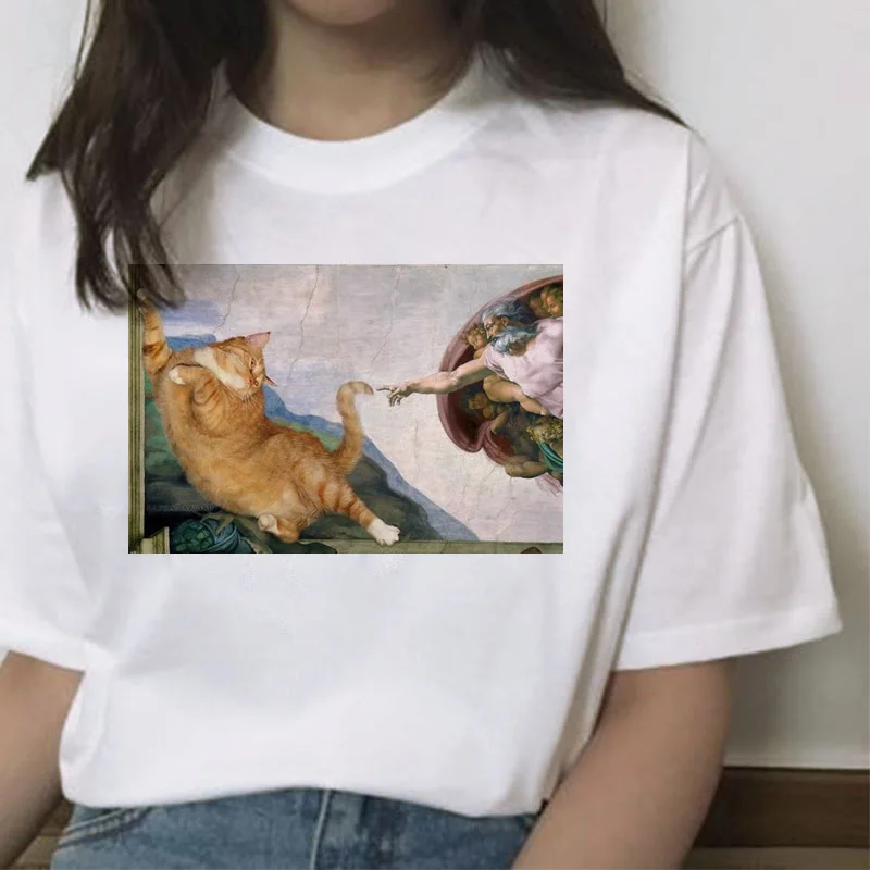 Забавная футболка с котом, Женская Повседневная футболка микеланжело, модная футболка с коротким рукавом, Ulzzang Kawaii, женская уличная одежда, гранж, Харадзюку