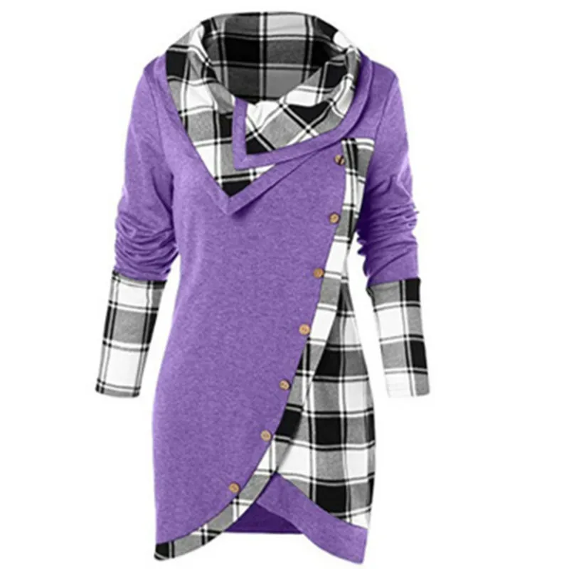 

Fashion Hoodies Women Hem Irregular Plaid Stitching Turtleneck Top Office Lady Pullovers Harajuku Hoodies Roupas Scarf Collar