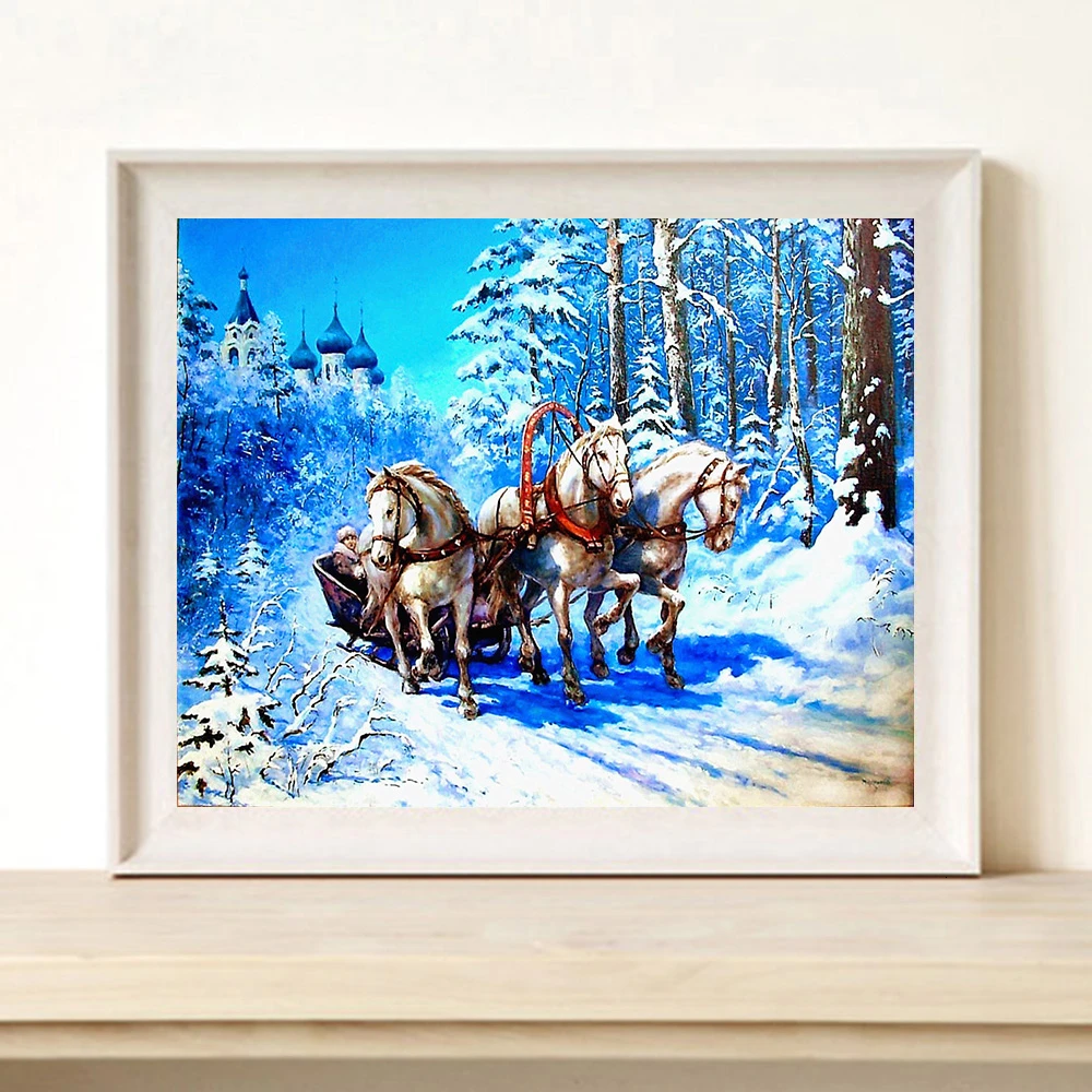 HUACAN Алмазная вышивка лошади зима пейзаж горный хрусталь картина мозаика Живопись Полное квадратное сверло подарок