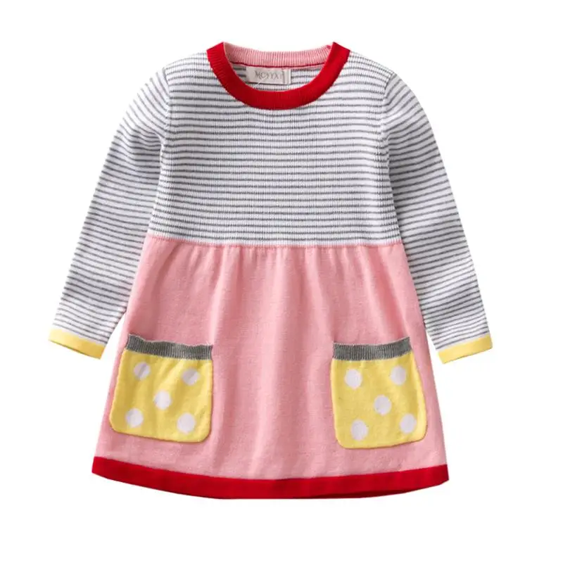 New Toddler Clothes Baby Girls Sweaters Long Sleeve Princess Casual Kid Outfit Stripe Knitted Dress With Pocket For Girl Costume