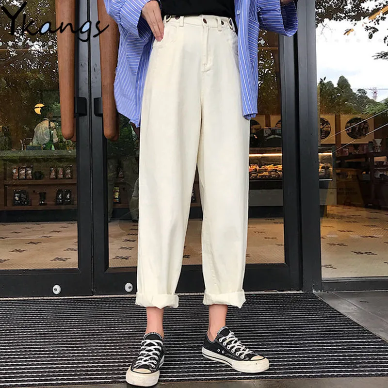 100% хлопок бежевого и белого цветов женские джинсы с эластичной резинкой на талии