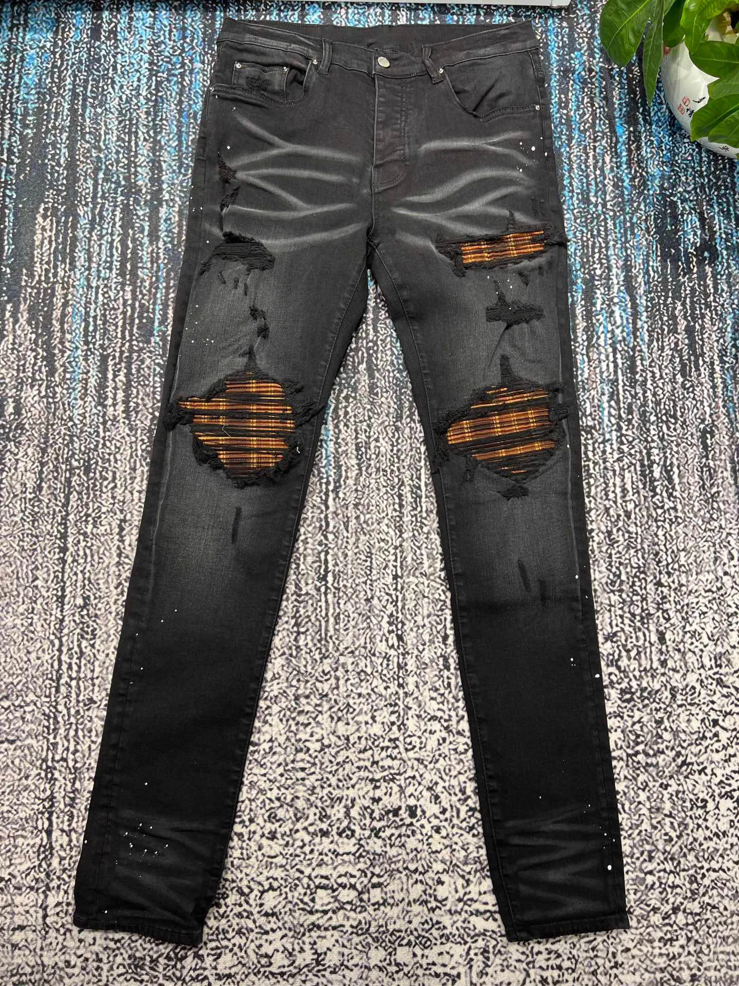 men plaid ribbed patches distressed skinny black jeans HM520|Jeans ...