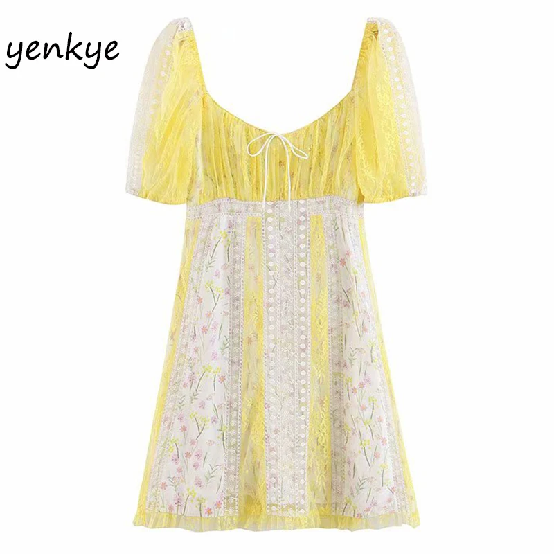 

2020 Summer Dress Women Floral Print Patchwork Lace Sweet Dress Lady Square Neck Short Sleeve High Waist A-line Mini Dress