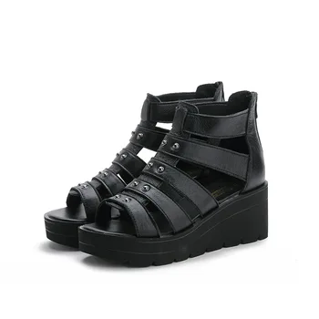 

Leather sandals women's shoes 2019 thick bottom top layer cowhide casual wear high heel waterproof