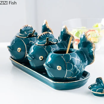 

Creative Green Animal Shape Ceramics Spice Jar 3-piece Set with Lid with Spoon Household Kitchen Storage Seasoning Tool