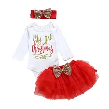 my first christmas girl set newborn clothes romper Christmas Day Letter Romper+Tutu Dress+Bow Hairband baby girl winter clothing