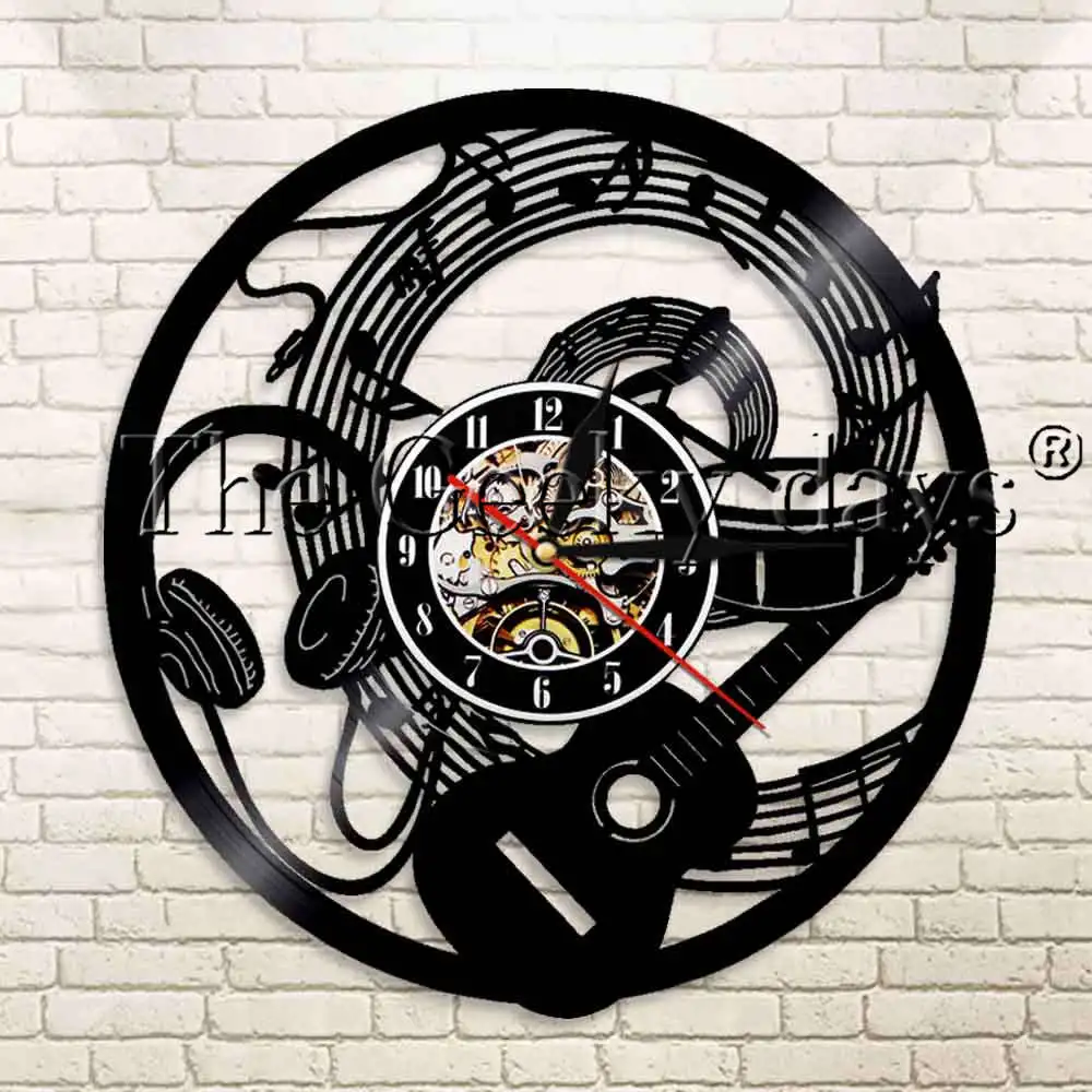 Музыкальный инструмент Виниловая пластинка настенные часы современные дизайны для гитары и набор барабанов рок музыка светодиодный Часы настенные домашние декоративные часы - Цвет: F-NO LED