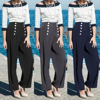 

Celmia 2020 Summer Elegant Women Black Long Pants Casual Loose Buttons High Waist Office Ladies Work Wide Leg Trousers Plus Size