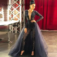 Sofuge Черный Брючный вечерний костюм Strenchable Кружева Аппликации Съемный Поезд Vestidos De Fiesta De Noche Robe De Soiree Plus