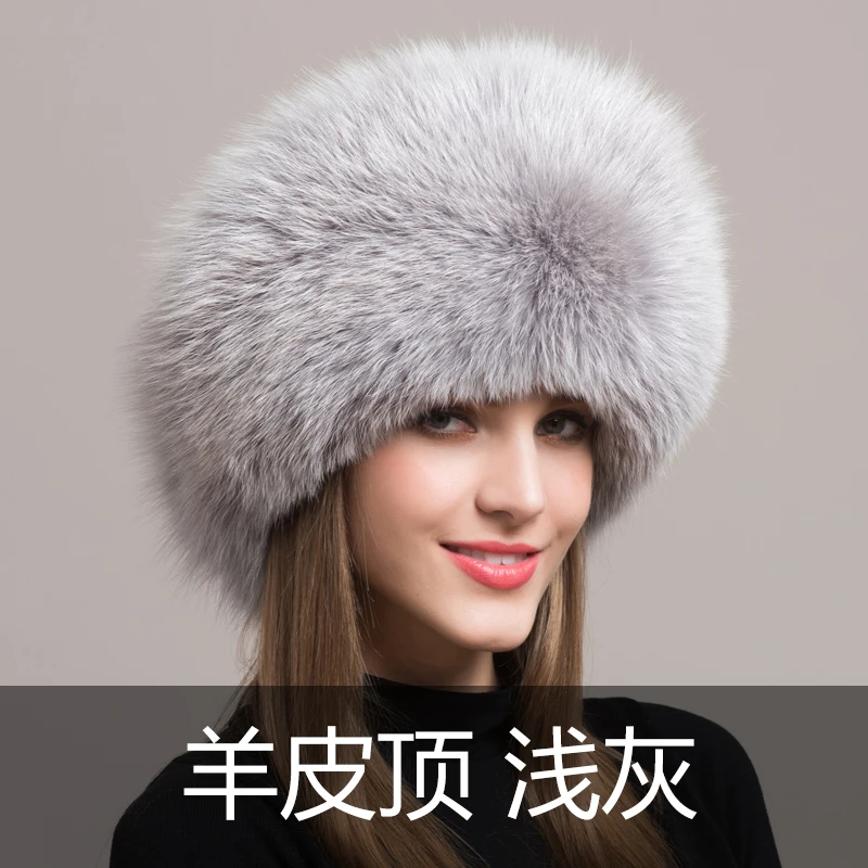 Grey sheepskin Grey Женская зимняя шапка из натурального Лисьего меха, меховые наушники из кожи, шапка из меха лисы, Национальная женская зимняя меховая шапка - Цвет: Grey sheepskin Grey